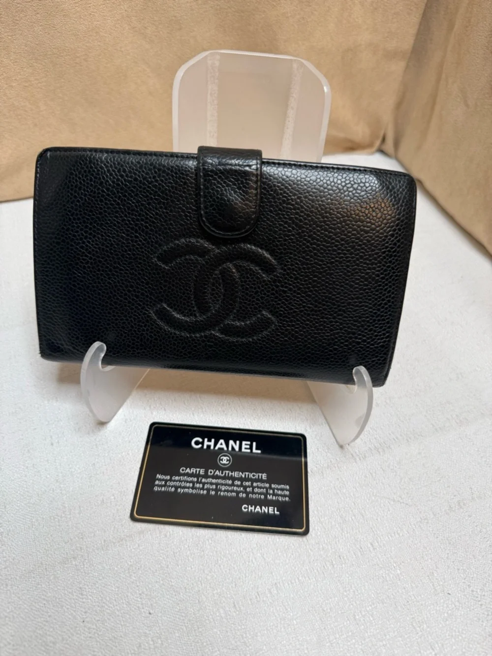 Chanel Vintage Black Caviar Leather CC Logo Long Wallet Clutch Gold tone